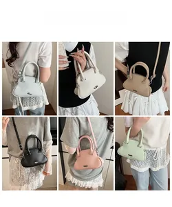 Detail view of various minimalist shell-shaped handbags in six pastel colors on models