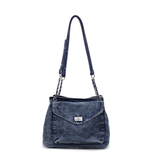 Washed denim tote bag with silver twist lock and chain strap for summer casual wear