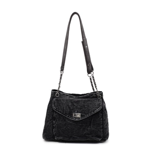 Dark grey washed denim tote bag with silver chain strap and metal turn-lock closure