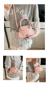 Detailed views of a pink pebble leather handbag with gold metal oval accent and strap