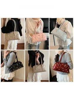 Collage of fashion model wearing the star and pearl studded shoulder bag in six vibrant colors