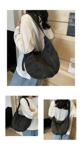 Three-way view of large denim crossbody bag showing side front and back pocket details