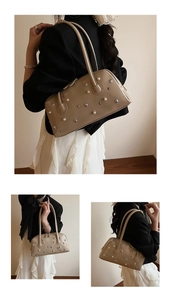 Detailed close-up of beige PU leather shoulder bag with faux pearls and star rivets