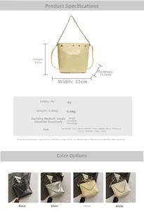 Detailed spec sheet and color options for a quilted PU leather chain bucket bag