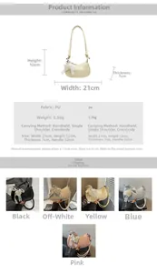 Detail view of crescent bag dimensions and material specifications in PU leather
