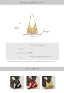 Tableau détaillé du sac fourre-tout à rayures tissées montrant dimensions et matériau PU