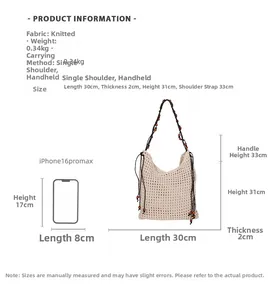 Detaillierte Größentabelle für gewebte Bucket Bag mit iPhone 16 Pro Max zum Vergleich