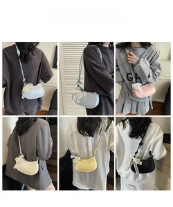 Collage of crescent leather crossbody bags in five colors shown on models in indoor settings