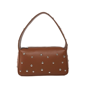 Retro motorcycle bag in caramel leather with silver studs and top handle for women
