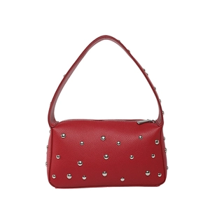 Red lychee grain leather baguette bag with silver rivets and punk style design