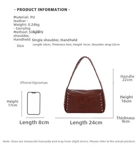 Detailed size specifications and dimensions for the studded brown retro boston bag
