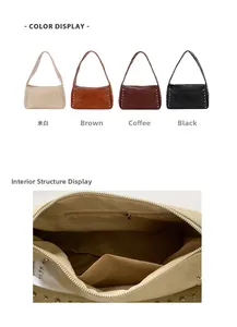Detail view showing four colors and inner structure of a riveted shoulder bag