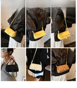 Collage of model wearing minimalist rectangular pillow bags in multiple colors