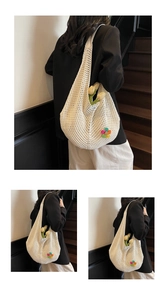 Three-frame view of a beige crochet tote bag with colorful flower patch on the shoulder