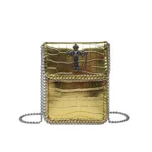Gothic gold crocodile pattern phone bag with large relief cross and silver chain strap