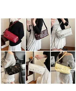 Collage of chic leather underarm bags in six colors with stylish buckle and rivet details