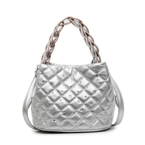Silver metallic diamond lattice quilted handbag with rhinestones and woven handle