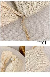 Detail of herringbone straw weaving texture and golden metal zipper hardware on crossbody bag