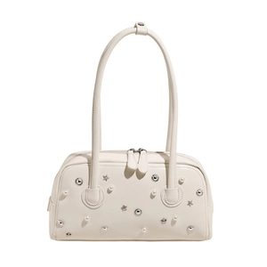 Minimalist beige underarm bag with silver star studs and pearls for chic daily commuting