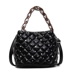 Chic black quilted bucket bag with sparkly rhinestones and unique woven chain handle