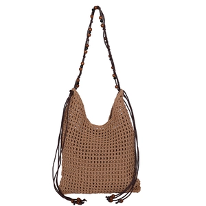 Brown hand-woven hobo tote bag with unique wooden bead shoulder straps for summer beach