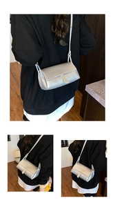 Detailed views of a silver lychee pattern crossbody bag worn in a lifestyle setting