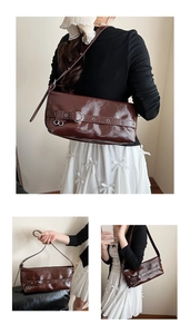 Detailed views of dark brown glossy patent leather underarm bag with decorative buckle