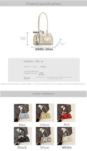 Detailed size specifications and color comparison of elegant glossy PU shoulder bags