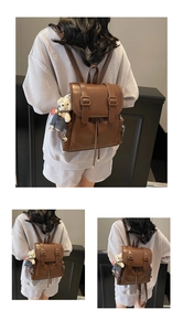 Sac à dos vintage en cuir marron avec pendentif ours en peluche et cordon de serrage