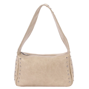 Beige textured PU leather underarm bag with silver rivets and sleek rectangular silhouette
