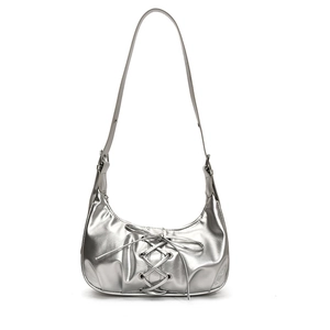 Silver metallic dumpling bag with cross strap details, Y2K style hobo shoulder bag for women
