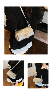 Three views of a silver woven crossbody bag shown from different angles on a model