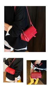 Detailed views of red woven leather crossbody bag showing side, front and hand-carry styles
