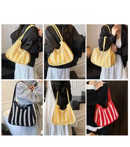 Collage of striped mesh tote bags in yellow, black and red shown on a model