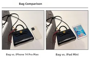 Confronto dimensioni borsa Kelly in pelle nera con iPhone e iPad come scala