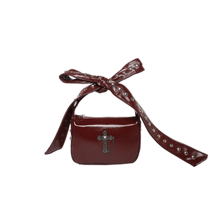 Gothic wine red crossbody bag with metal cross pendant and rivet bow shoulder strap