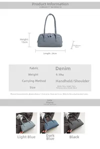 Detailed size specifications for a denim Boston bag including 29cm length and 15cm height