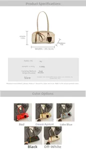 Vue détaillée du sac d'épaule vintage en cuir PU avec pompon et dimensions du produit