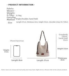 Straw tote bag size comparison with dimensions and wooden beaded strap details