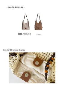 Detail of woven hobo bag showing wooden beads, magnetic closure and inner zipper pocket