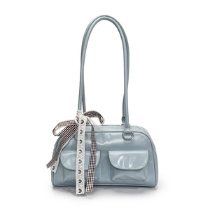 Retro lichtblauwe PU bowlingtas met vintage zakken en decoratieve strikband
