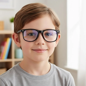 Kids square black silicone blue light blocking glasses with silver rivet details