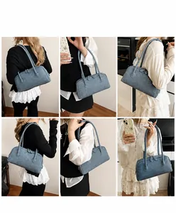 Denim rectangular shoulder bag with dual handles shown on models in a six-grid lifestyle view