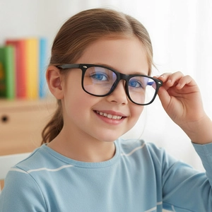 Girl wearing square black silicone blue light blocking glasses with anti-reflective lenses