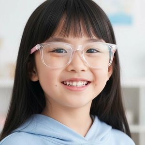 Kids square blue light blocking glasses with clear frames and pink temples on a girl