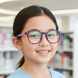Child wearing purple oval anti-blue light glasses with decorative studs in a library setting