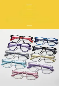 Detail view of colorful silicone oval eyeglasses frames in nine stylish color variations