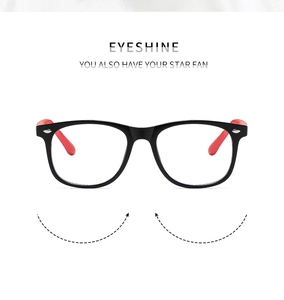 Detail of square children's blue light glasses with flexible red and black silicone frame