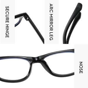 Detail view of secure metal hinges and ergonomic arc temples on black kids' glasses