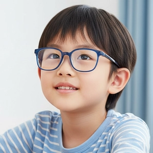 Kids square blue light blocking glasses with stylish blue transparent frame on child model